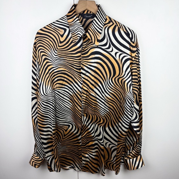 Genelli 100% Silk Zebra Wavy Leopard Animal Print Disco Party Club Vintage Shirt